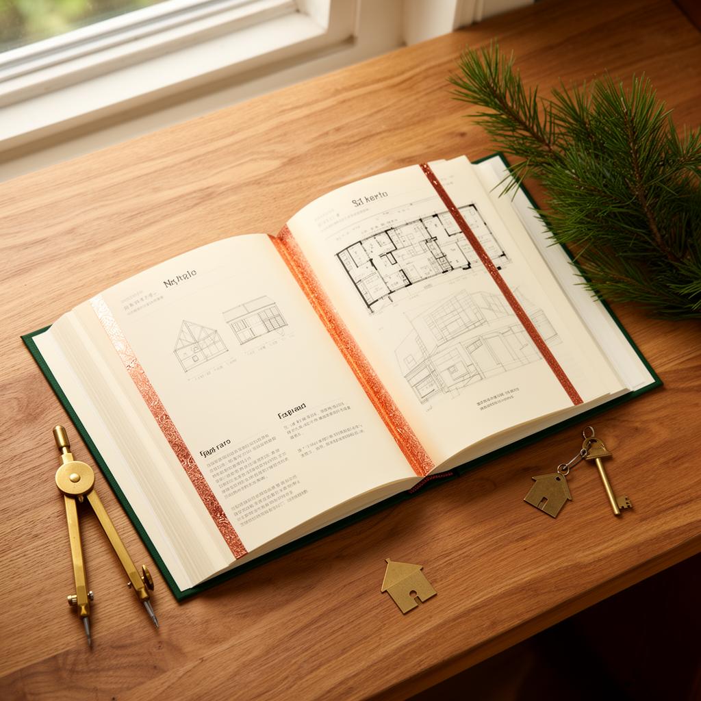 An open spec sheet book with floor plans and copper foil details on a wood desk.